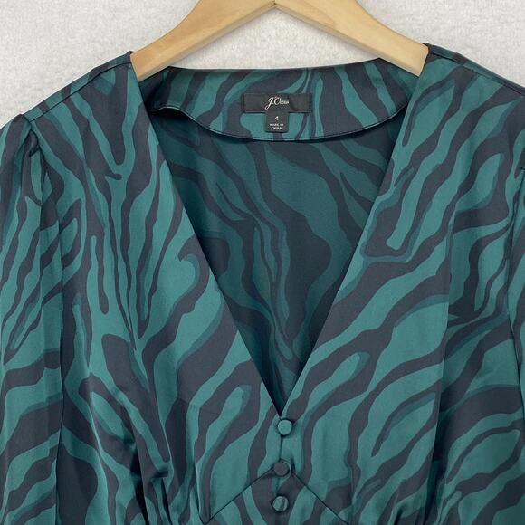 J.CREW Blouse 4 Deep V-Neck Zebra Striped Satin Button Front Long Sleeve Green - Picture 3 of 13